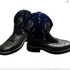 Justin Black Leather Western Boots With Embroidered Wing Design & Square Toe 8.5